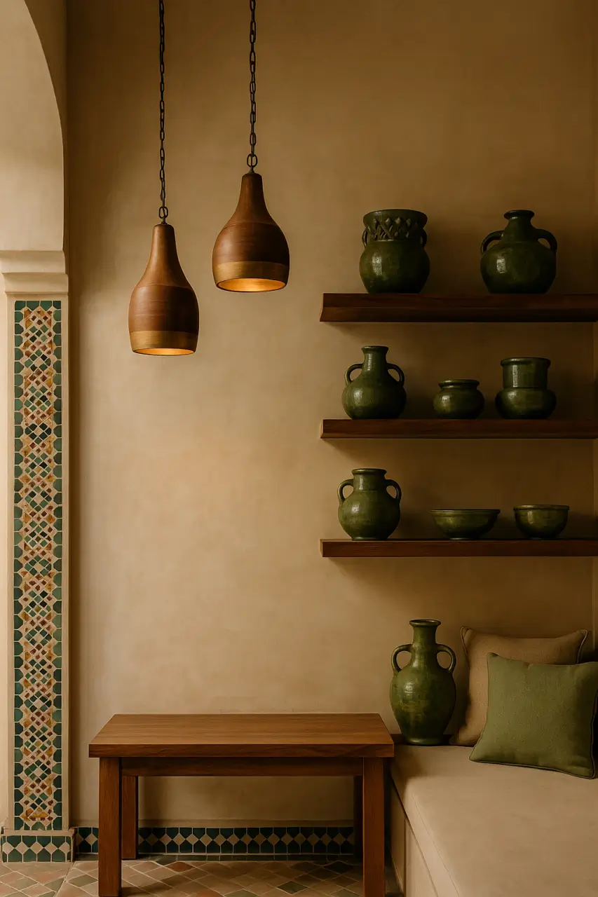 Zellige, tadelakt, Tamegroute et luminaires en cuivre & bois – ambiance Palm Nest