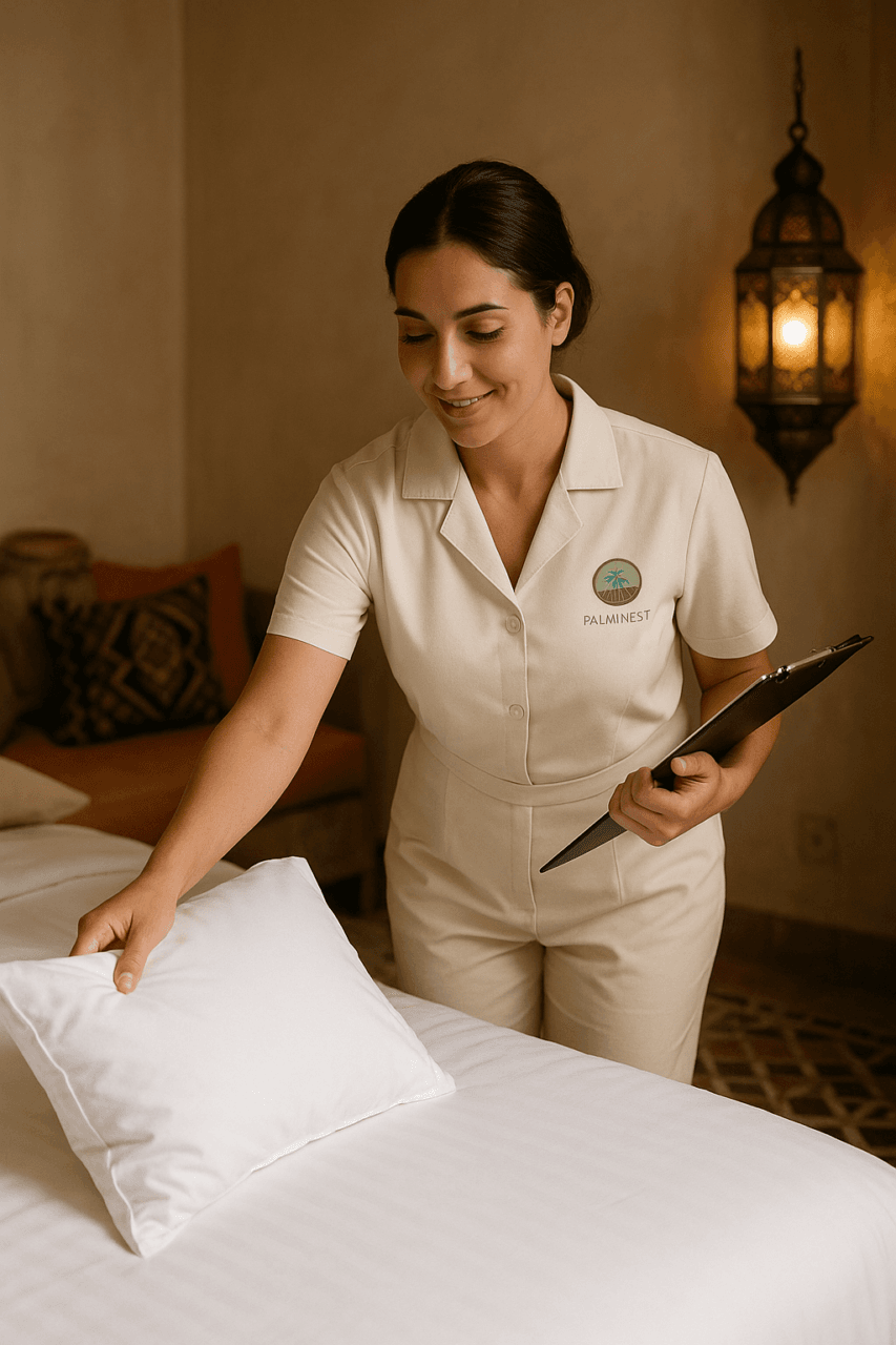 Équipe de ménage Palm Nest en contrôle qualité à Marrakech