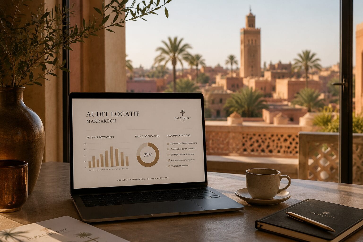 Ordinateur affichant un audit locatif à Marrakech avec vue sur la ville