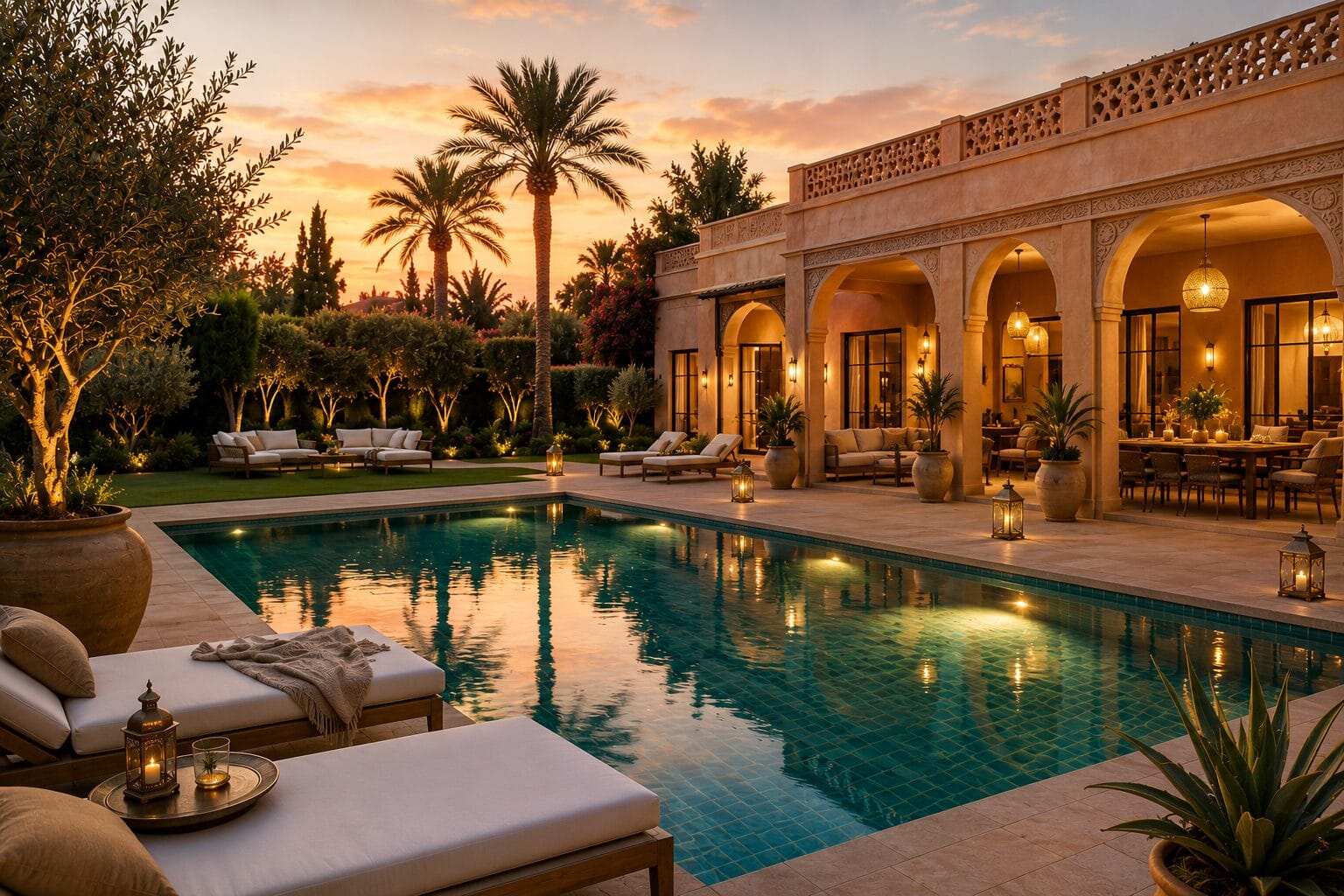 Villa premium à Marrakech avec piscine privée et jardin au coucher du soleil