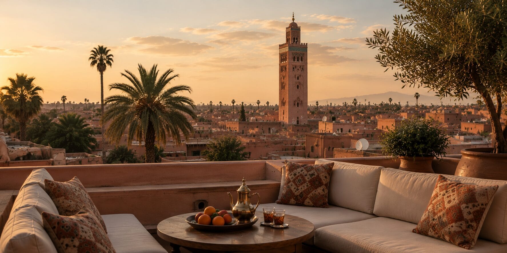 Vue sur Marrakech depuis une terrasse avec palmiers et architecture ocre